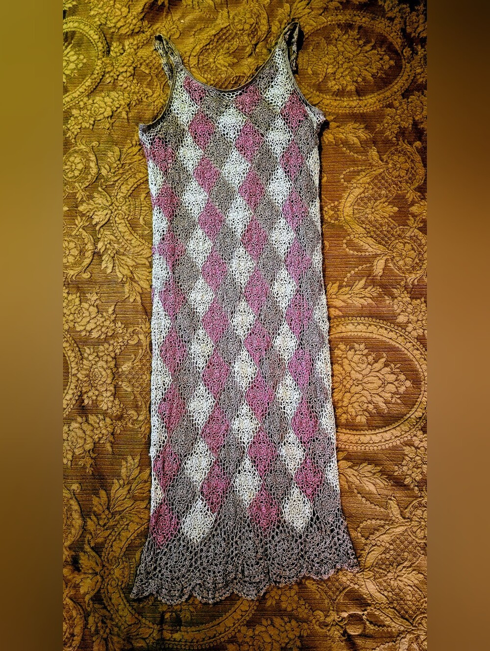 RARE VINTAGE Newport News Striped Crochet Knit Maxi Dress Pink White Gray